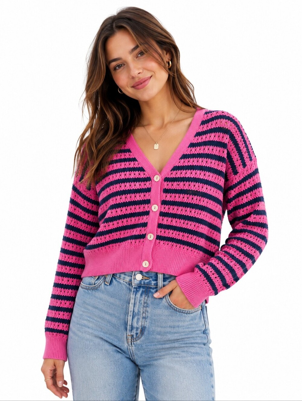 EsQualo Pink & Navy Striped Open Knit Cropped Cardigan Size S